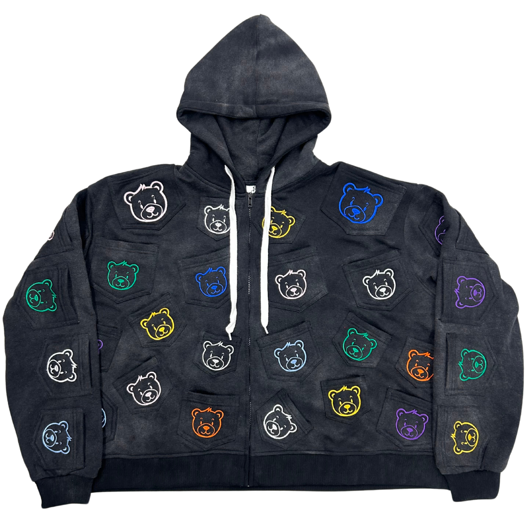 Pocket Zip Up Hoodie - Beary Black