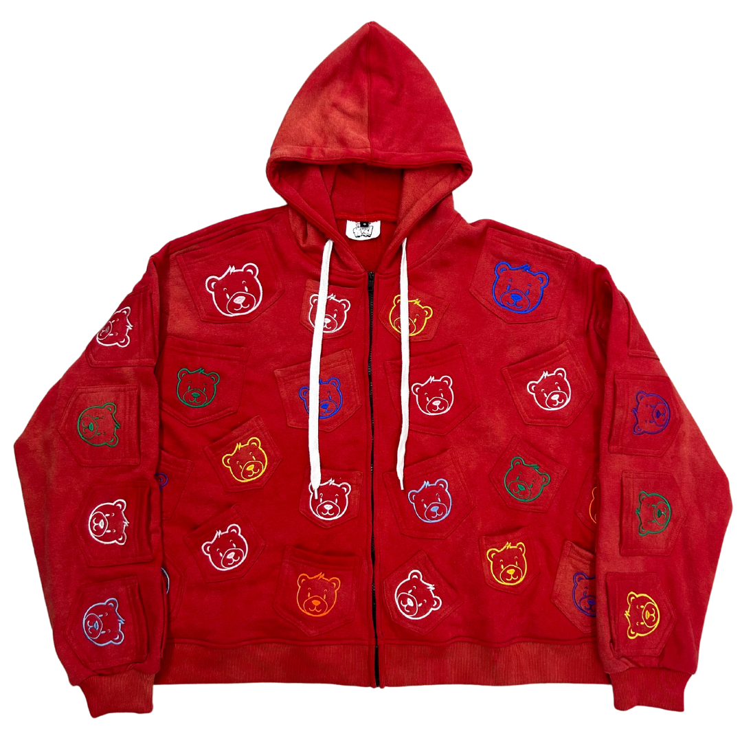 Pocket Zip Up Hoodie - Beary Red